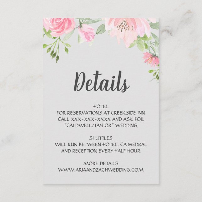 Carte D'accompagnement Pivoines rose sur détails de mariage gris (Devant)