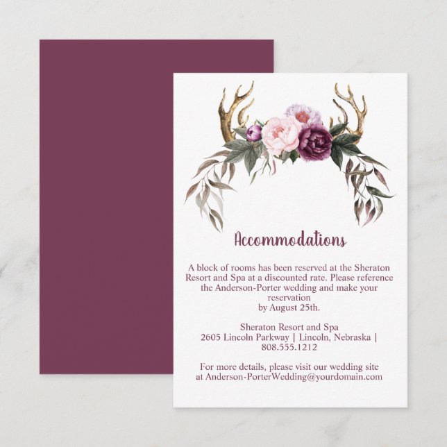 Carte D'accompagnement Pivoines violettes et bois de cerf Bohème Rustique (Devant / Derrière)