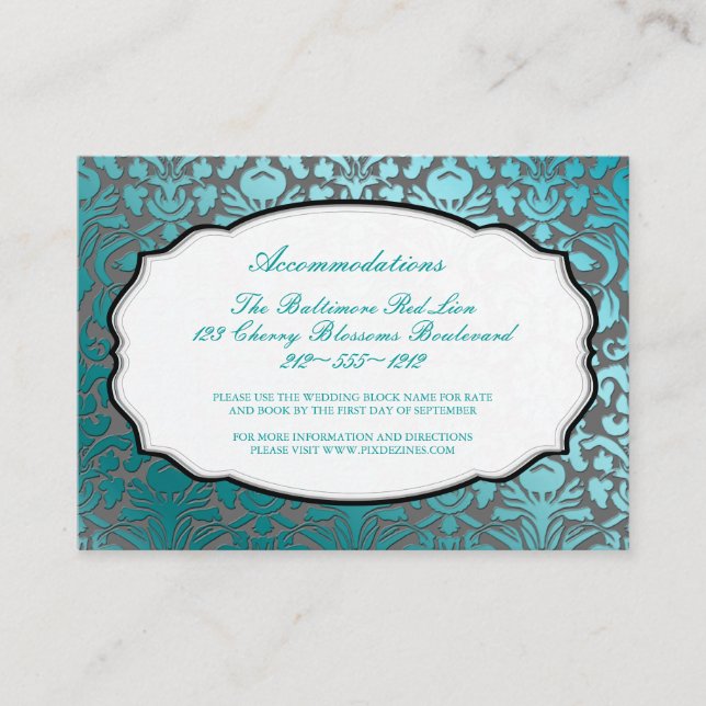 Carte D'accompagnement PixDezines turquoise flore damas/hébergements (Devant)