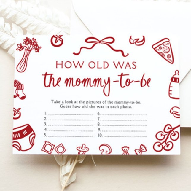 Carte D'accompagnement Pizza Italienne L'Âge De Maman Baby shower Jeu (Italian Pizza How Old Was Mommy Baby Shower Game)