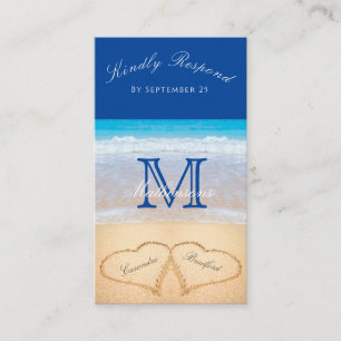 Carte D'accompagnement Plage Mariage 2 Coeurs Sable Bleu foncé RSVP Enclo