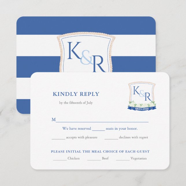 Carte D'accompagnement Plat bleu Mariage Crest Choix de repas RSVP (Devant / Derrière)