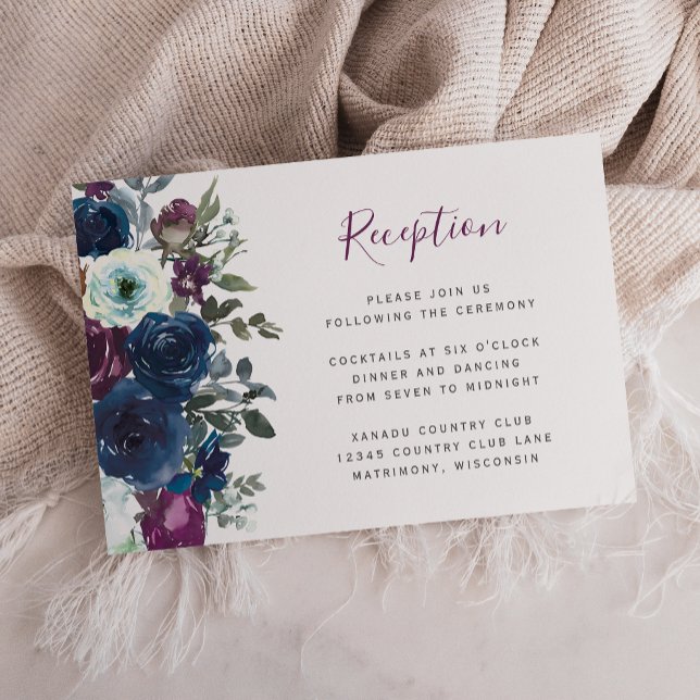 Carte D'accompagnement Plum Aquarelle Florale Marine Bleu Mariage Récepti (Créateur téléchargé)