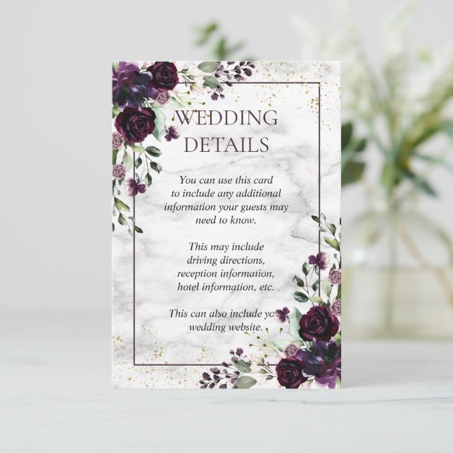 Carte D'accompagnement Plum Purple Gold Marbre Floral Mariage Détails (Debout devant)