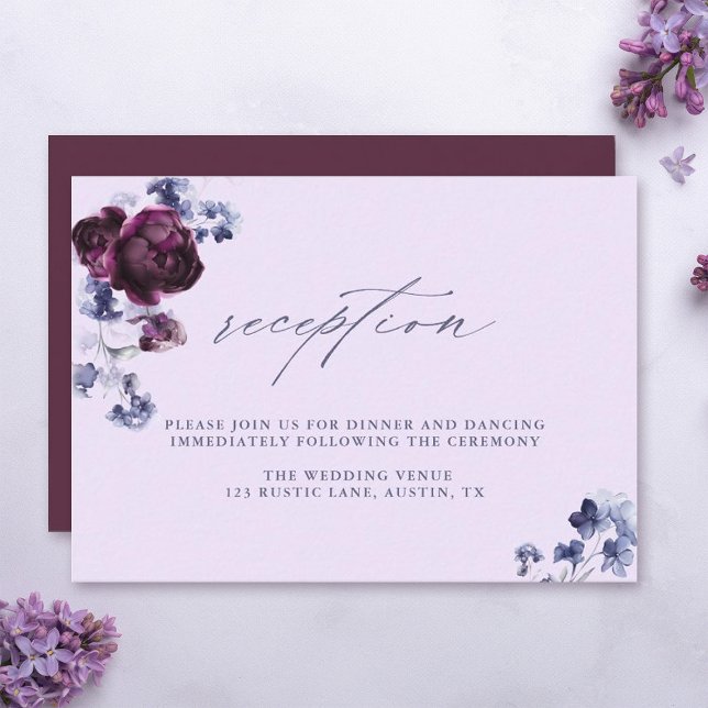 Carte D'accompagnement Plum Purple & Indigo Blue Floral Mariage Réception (Créateur téléchargé)