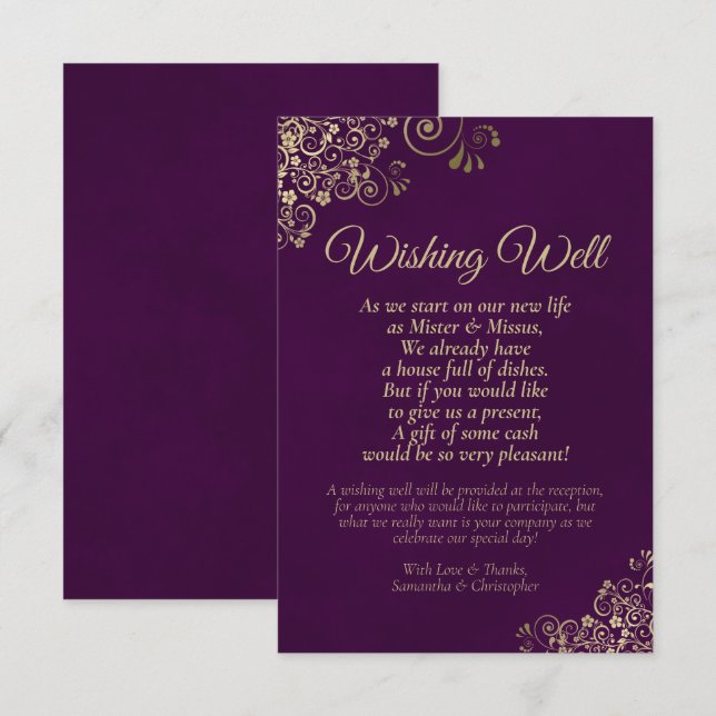 Carte D'accompagnement Plum Purple & Or Dentelle Mariage Wishing Bien Poè (Devant / Derrière)