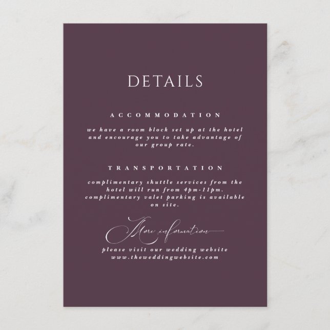 Carte D'accompagnement Plum Romantic Calligraphy Détails du Mariage (Devant)