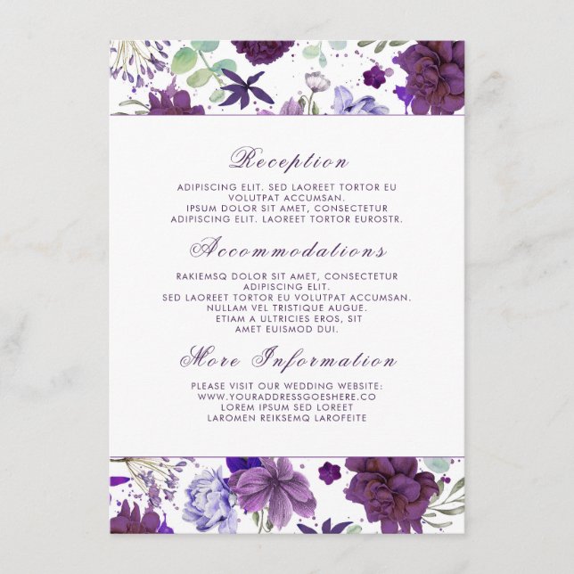 Carte D'accompagnement Plum Violet Fleurs Mariage Informations Invité (Devant)