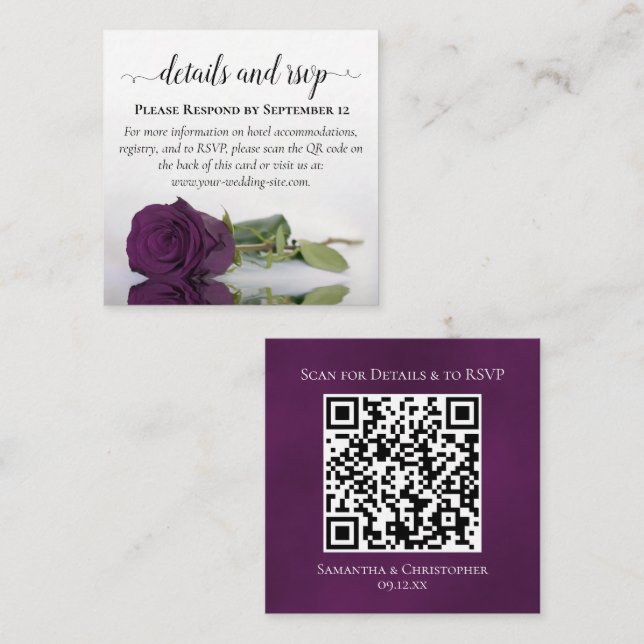 Carte D'accompagnement Plum violet Rose Détails du Mariage et RSVP QR Cod (Devant / Derrière)