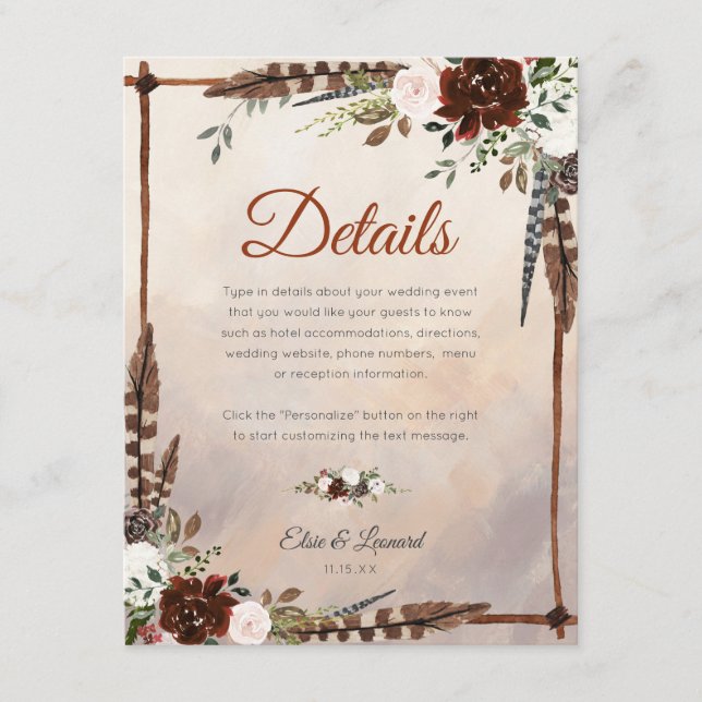 Carte D'accompagnement Plumes rustiques de bois et fleurs florales (Devant)
