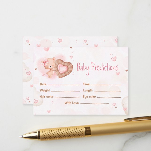 Carte D'accompagnement Prédictions Pink Sweethee Baby shower jeu (Devant/Arrière en situation)