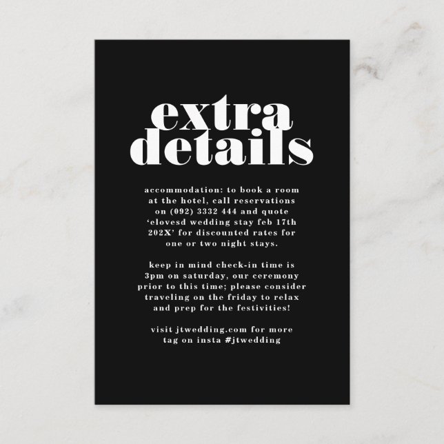 Carte D'accompagnement Premium Modern Bold Black White Détails supplément (Devant)