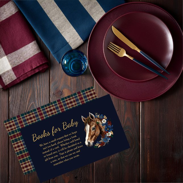 Carte D'accompagnement Préppy Foal équestre Floral Blue Livres pour bébé (Charming Classic Preppy Equestrian Foal and Floral Wreath |Plaid Boy Baby Shower Books for Baby Card)