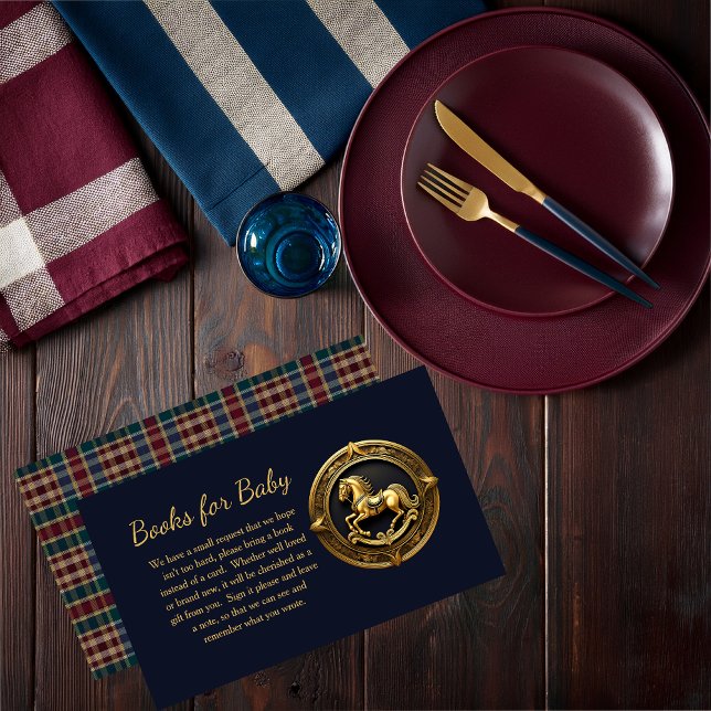 Carte D'accompagnement Preppy Rocking Horse Livres Bleus pour bébé (Charming Classic Preppy Equestrian Gold Tone Rocking Horse Plaid Boy Baby Shower Books for Baby Card)