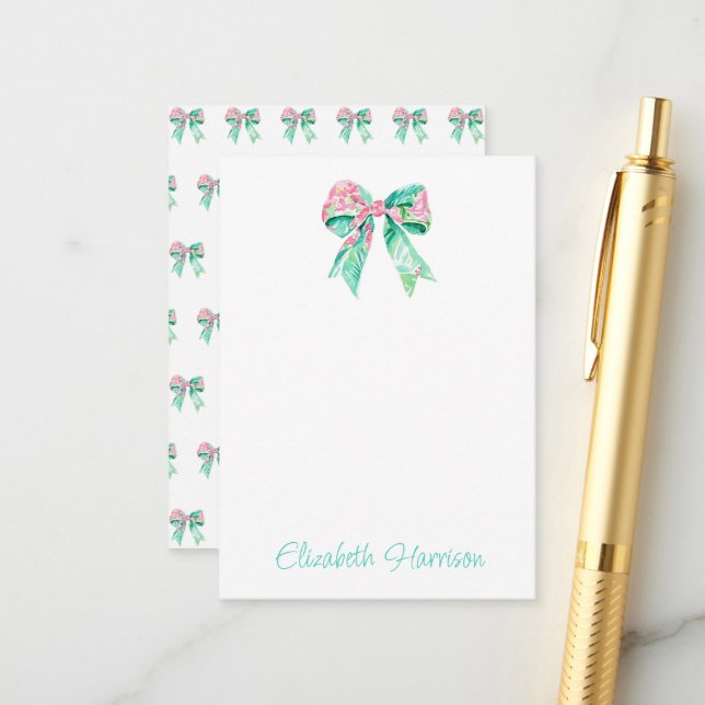 Carte D'accompagnement Preppy rose Floral Bow Personnalisé (Devant/Arrière en situation)
