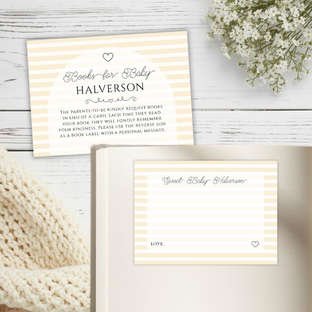 Carte D'accompagnement Preppy Yellow Stripes Baby Shower Book Request (elegant butter yellow and white baby shower book request card insert with back doubles as gift tag.)