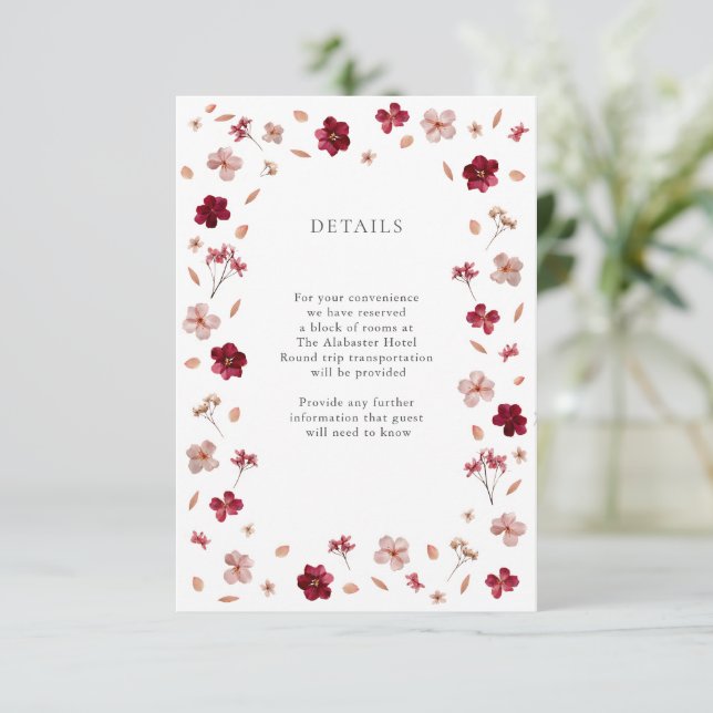 Carte D'accompagnement Pressé rose rouge et crème, Mariage floral Détails (Debout devant)