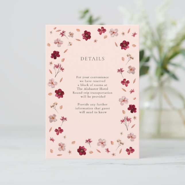 Carte D'accompagnement Pressé rose rouge et crème, Mariage floral Détails (Debout devant)