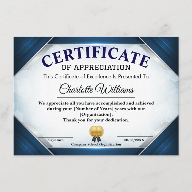 Carte D'accompagnement Professional Blue Appreciation Certificate (Devant)
