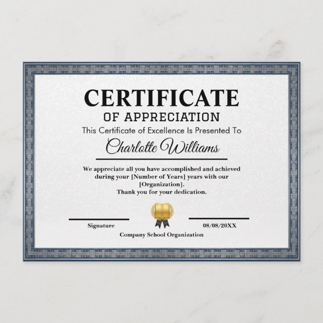 Carte D'accompagnement Professional Certificate of Appreciation Template (Devant)