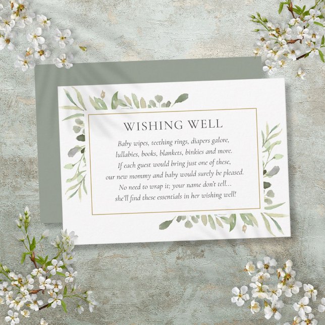 Carte D'accompagnement Puits de vœux de Baby Shower à la verdure aquarell (Watercolor Greenery Baby Shower Wishing Well Enclosure Card)