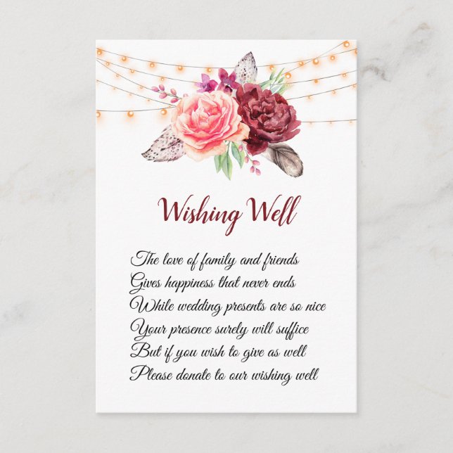 Carte D'accompagnement Puits de vœux de mariage Boho Roses Plumes Lumière (Devant)