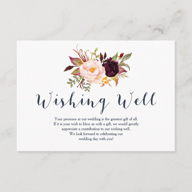 Carte D'accompagnement Puits de vœux de mariage floral marine Bourgogne (Devant)