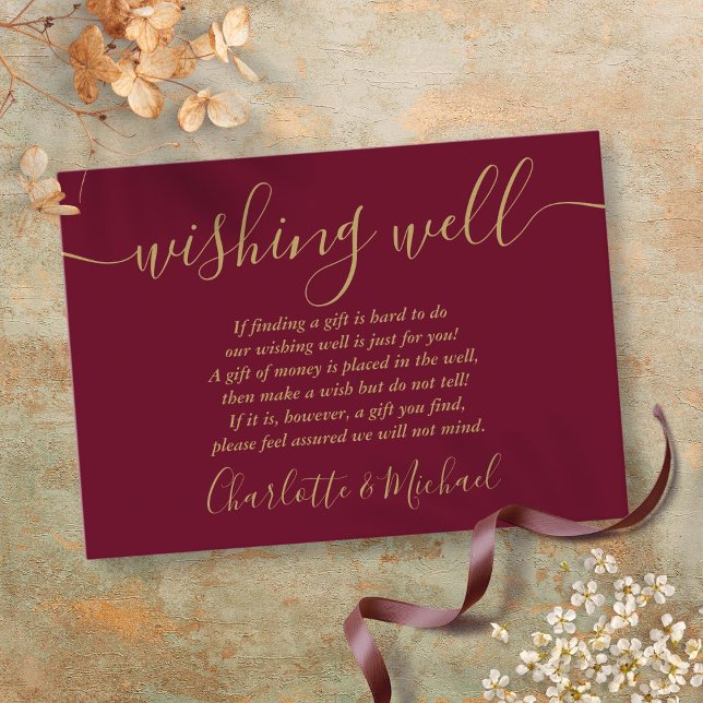 Carte D'accompagnement Puits de Vœux Mariage Bourgogne et Or (Wishing Well Burgundy and Gold Wedding Enclosure Card)
