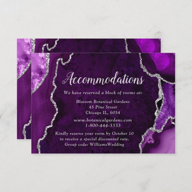 Carte D'accompagnement Purple and Silver Agate Wedding Accommodations (Devant / Derrière)