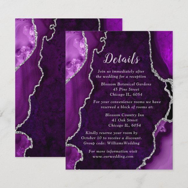 Carte D'accompagnement Purple and Silver Agate Wedding Details (Devant / Derrière)