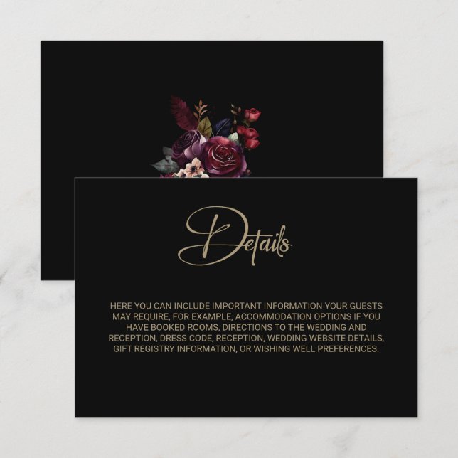 Carte D'accompagnement Purple Burgundy Black Floral Détails du Mariage (Devant / Derrière)