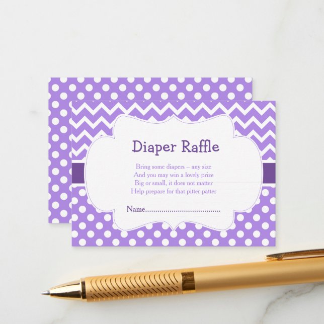 Carte D'accompagnement Purple Chevron & Polka Dot Diaper Raffle (Devant/Arrière en situation)