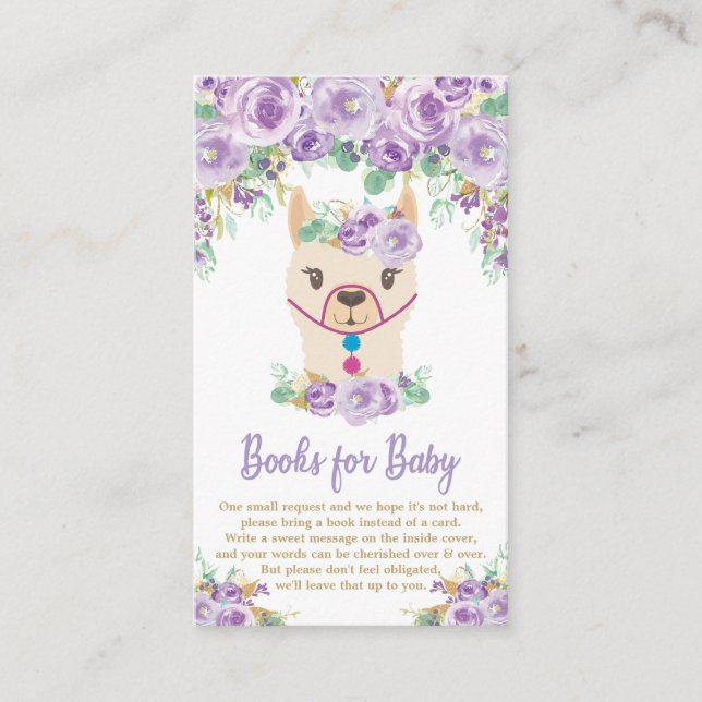 Carte D'accompagnement Purple Floral Llama Baby shower Apportez un livre (Devant)