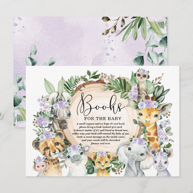 Carte D'accompagnement Purple Floral Wild Jungle Safari Livres pour bébé (Devant / Derrière)