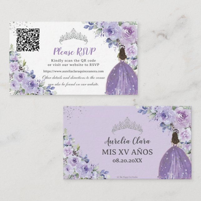 Carte D'accompagnement Purple Lilac Floral Argent Quinceañera QR Code (Devant / Derrière)