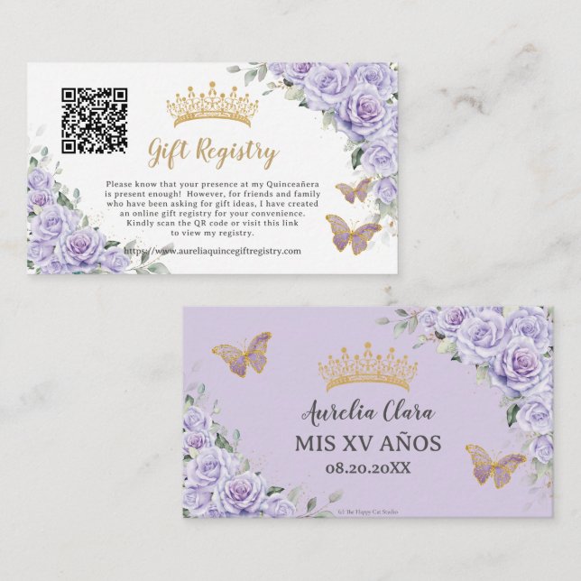 Carte D'accompagnement Purple Lilac Floral Quinceañera QR Registre cadeau (Devant / Derrière)
