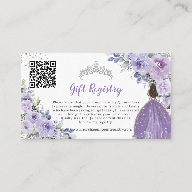 Carte D'accompagnement Purple Lilac Floral Quinceañera QR Registre cadeau (Devant)