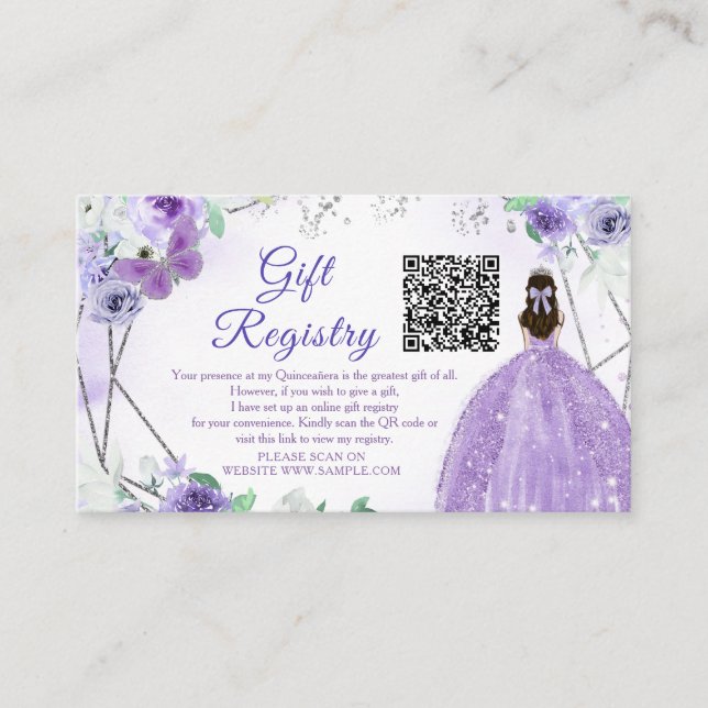 Carte D'accompagnement Purple Lilac Floral Quinceañera QR Registre cadeau (Devant)