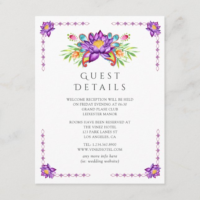 Carte D'accompagnement Purple Lotus Flower Indian Mariage Détails au suje (Devant)