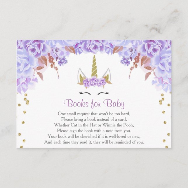 Carte D'accompagnement Purple or licorne fille baby shower demande de car (Devant)