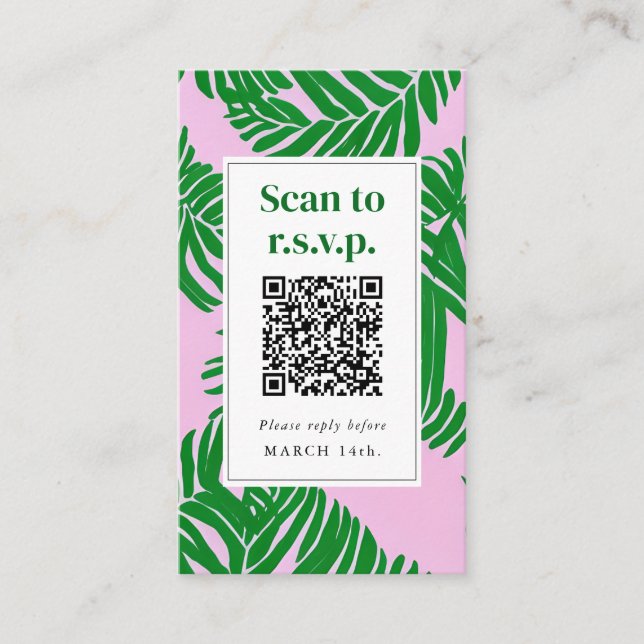 Carte D'accompagnement QR Code Beach Wedding RSVP Pink Green Palm Tree (Devant)