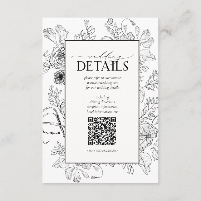 Carte D'accompagnement QR Code Black White Floral Détails du Mariage (Devant)