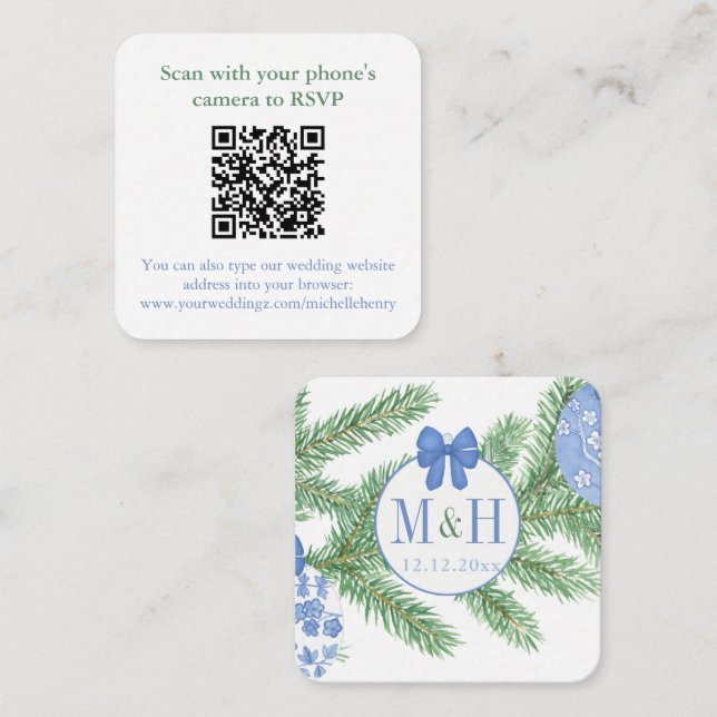 Carte D'accompagnement QR Code Bleu Blanc Noel Mariage RSVP (Devant / Derrière)