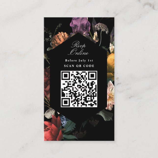 Carte D'accompagnement QR Code Dark Moody Black Floral Website RSVP (Devant)