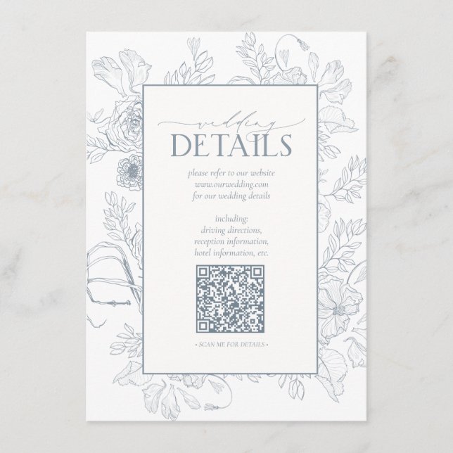 Carte D'accompagnement QR Code Dusty Blue Floral Détails du Mariage (Devant)