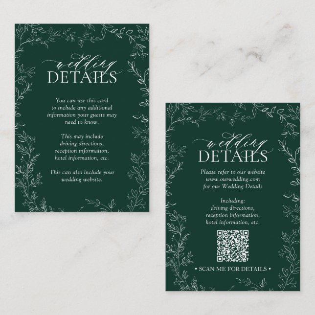 Carte D'accompagnement QR Code Elegant Emerald Green Leaf Détails du Mari (Devant / Derrière)
