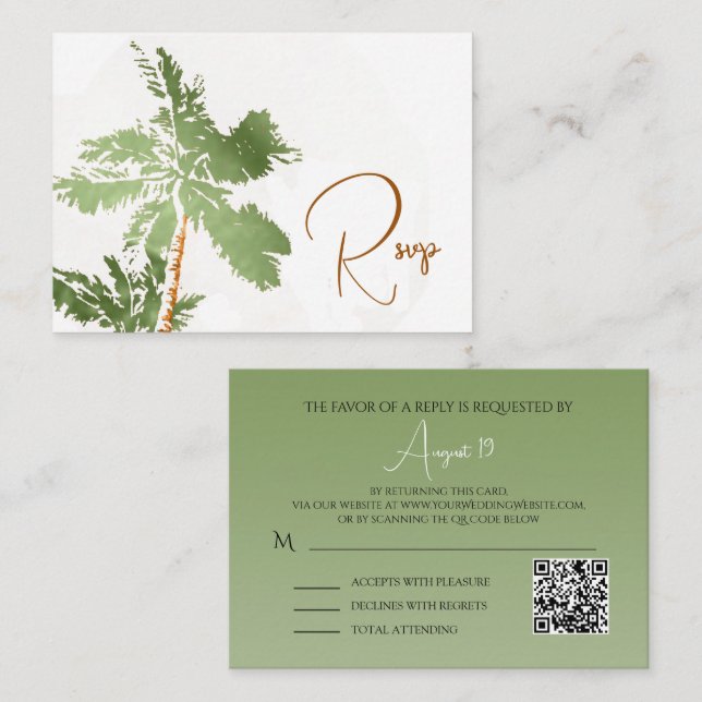 Carte D'accompagnement QR Code élégante Palmiers Cuivre Plage Mariage (Devant / Derrière)
