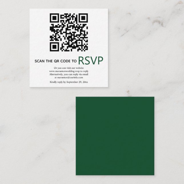 Carte D'accompagnement QR code en ligne RSVP mariage vert émeraude modern (Devant / Derrière)