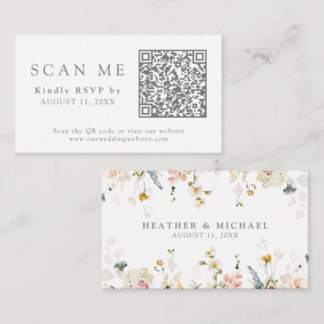 Carte D'accompagnement QR Code et site Mariage Fleurs de jardin RSVP (Devant / Derrière)
