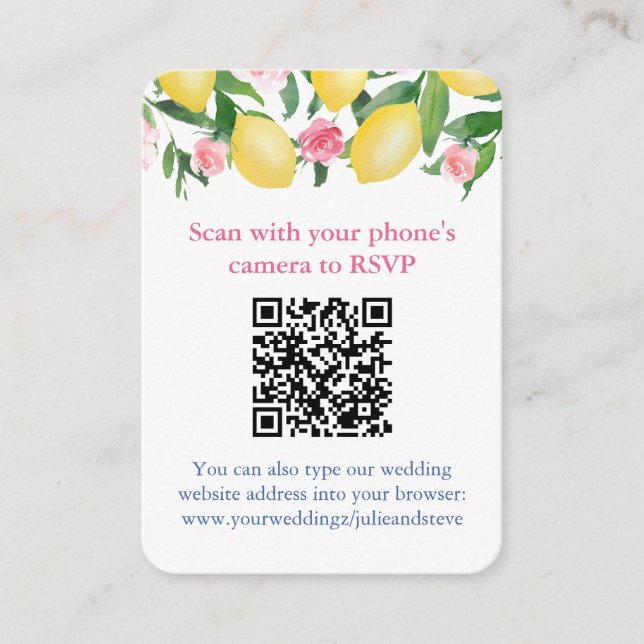 Carte D'accompagnement QR Code Lemons Mariage rose en ligne RSVP (Devant)